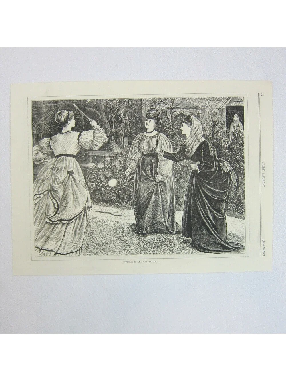 Antique 1871 Wood Engraving Print Battledore & Shuttlecock, Every Saturday Mag